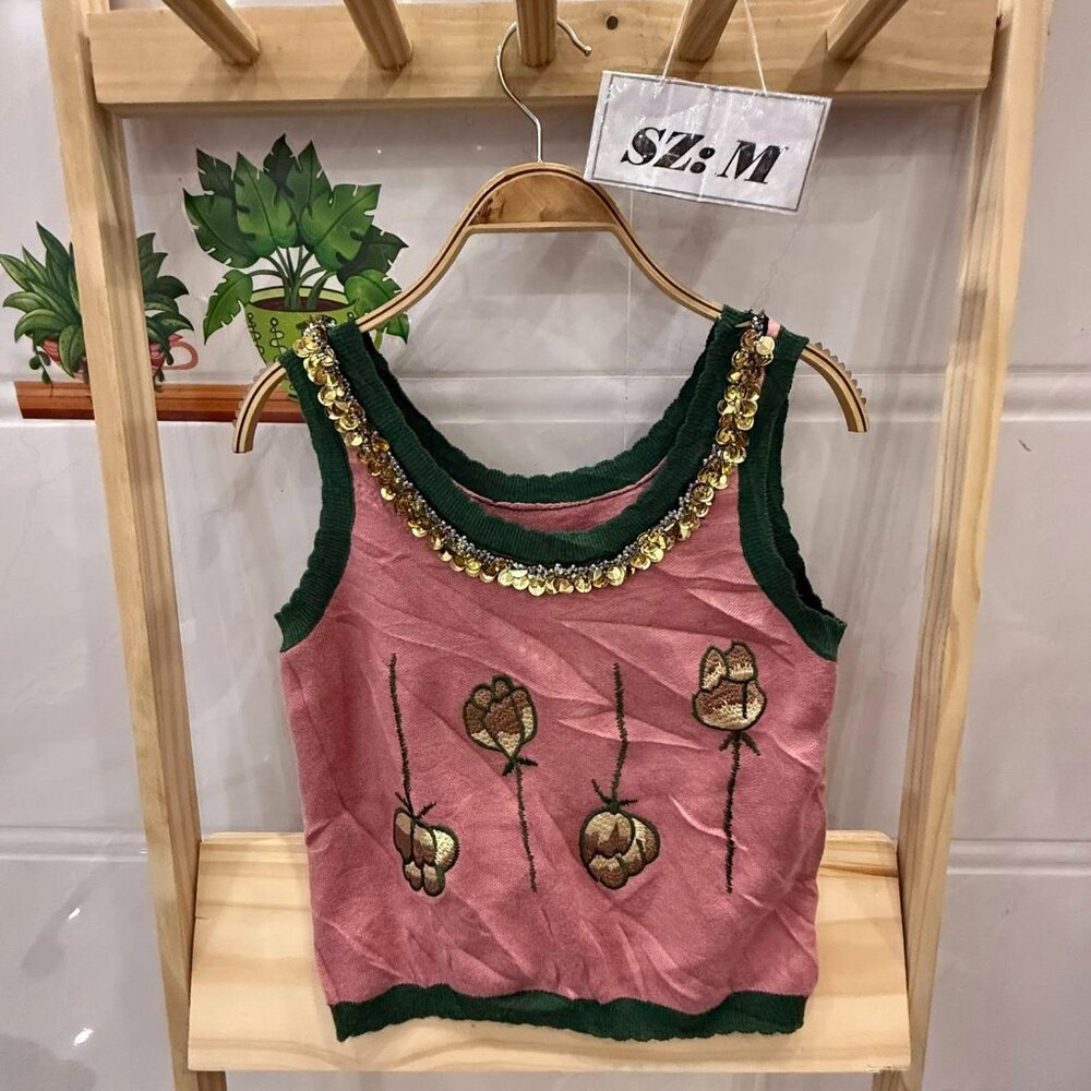 Pink Gold Sequin Neckline Floral Embroidered Crop Tank Top